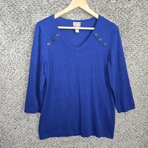 Chicos Top Womens 0 US Small Blue Knit V‎ Neck Button Accent Casual Ladies